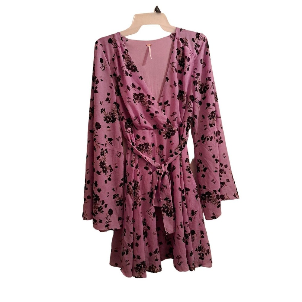 Free People Lilou Mini Wisteria Floral Dress Chiffon Purple Bell Sleeve - Picture 2 of 6